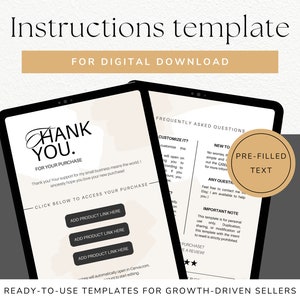 Digital Download Instructions Template to sell digital products on Etsy: 1 page to share links and 1 FAQs page for Digital product sellers