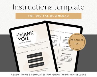 Digital Download Instructions Template to sell digital products on Etsy: 1 page to share links and 1 FAQs page for Digital product sellers