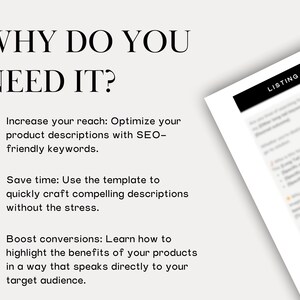 May include: A graphic with a checklist of reasons why you need to use a template to write product descriptions. The checklist includes: Increase your reach, Save time, and Boost conversions.