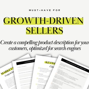 May include: Four printable worksheets for Etsy sellers to create compelling product descriptions, including a keyword checklist, audience worksheet, and listing description template.
