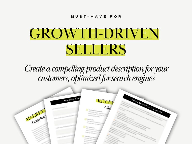 May include: Four printable worksheets for Etsy sellers to create compelling product descriptions, including a keyword checklist, audience worksheet, and listing description template.