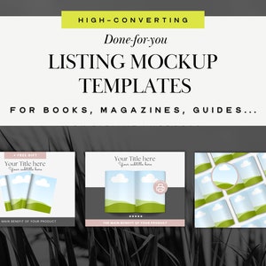 May include: Mockup templates for listing books, magazines, and guides on Etsy. The templates feature a green and blue landscape with clouds and a free gift offer.