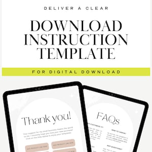 Modello di download digitale per venditori Etsy: condividi istruzioni e collegamenti ai prodotti digitali tramite PDF, scarica il modello Canva e un biglietto di ringraziamento
