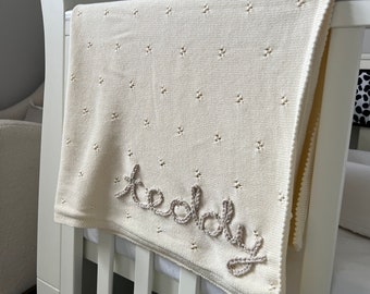 Personalised Hand Embroidered Knitted Blanket | Custom Name Accessories for Baby, Child - Perfect New Baby Gift