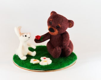 Bear and bunny on a meadow with woolen flowers,Wool needle felted,Gift Idea,for birthday,for him,for her,for friend,Christmas,Decoration