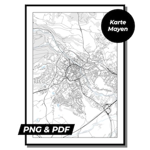Mapa de Mayen (PNG y PDF, A4, A3), red de carreteras, vías fluviales