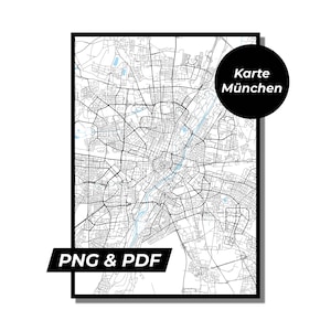 Könnte beinhalten: Eine schwarz-weiße Karte von München, Deutschland, mit schwarzem Rahmen. Die Karte zeigt die Straßen und Wasserwege der Stadt im Detail. Ein schwarzer Kreis mit dem Text "Karte München" befindet sich in der oberen rechten Ecke. Der Text "PNG & PDF" befindet sich in der unteren linken Ecke.