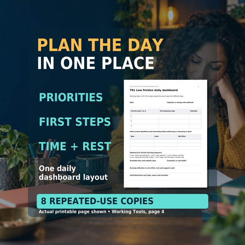 Actual Working Tools page 4 shows the daily dashboard with priorities, first steps, time planning, rest buffers and reflection. The tools file contains 8 repeated-use copies of this one layout. Bold text reads Plan the day in one place. AI-generated adult-at-desk background.