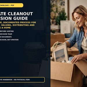 Könnte beinhalten: Ein digitaler PDF-Download mit dem Titel Estate Cleanout Decision Guide. Der Text beschreibt einen Prozess zum Sortieren, Bewerten, Verteilen und Räumen eines Hauses, einschließlich Schritten wie Stabilisierung vor dem Sortieren.