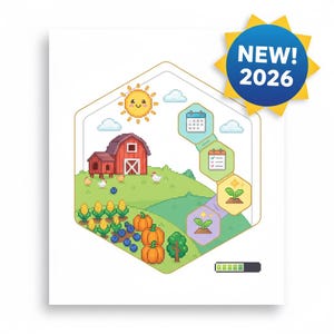 May include: A white card with a pixelated farm scene inside a gold hexagon. The scene includes a red barn, pumpkins, corn, blueberries, and a smiling sun. A blue and yellow badge reads "NEW! 2026".