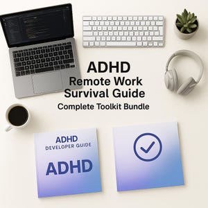 Puede incluir: Vista cenital de un espacio de trabajo con un portátil, teclado, auriculares y dos libros. Los libros dicen "ADHD Developer Guide" y "ADHD Remote Work Survival Guide". También hay una taza de café y una pequeña planta en maceta.
