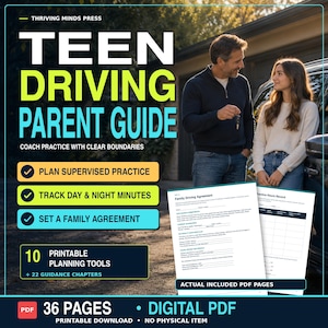 May include: A digital PDF guide titled Teen Driving Parent Guide, featuring 36 pages of printable planning tools and 22 guidance chapters. The cover displays text about supervised practice, tracking minutes, and family agreements, with two sample pages shown.