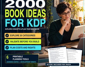 2000 Book Ideas for KDP PDF, Low Content Planners Journals and Activity Book Concepts, Publishing Research and Cost Worksheets