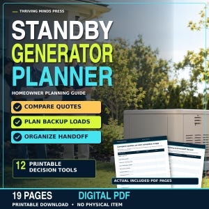 Può includere: Una guida digitale per la pianificazione di generatori di emergenza di Thriving Minds Press. Questo PDF stampabile di 19 pagine include 12 strumenti decisionali per confrontare preventivi, pianificare carichi di riserva e organizzare.