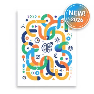 Puede incluir: Una colorida impresión de arte abstracto con una red de líneas interconectadas en naranja, azul, verde y amarillo. El diseño incluye iconos de cerebro y engranajes, un reloj, sol y luna. Una pegatina circular en la esquina superior derecha dice "NEW! 2026."