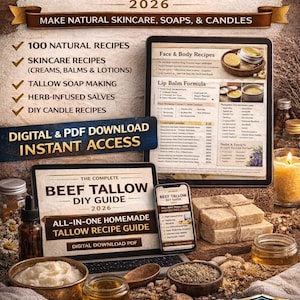 May include: An advertisement for a digital "Beef Tallow DIY Guide" with the text "Make Natural Skincare, Soaps, & Candles." The image features a laptop, tablet, and smartphone displaying the guide, along with ingredients and finished products.
