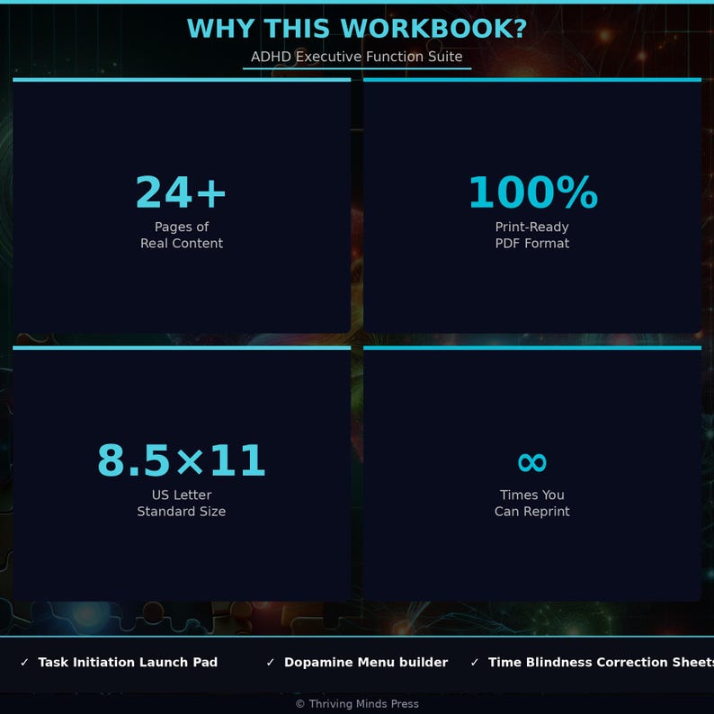 May include: A dark blue graphic with white text promoting an ADHD Executive Function Suite workbook. The image highlights features: 24+ pages of content, 100% print-ready PDF format, 8.5 x 11 inch US Letter size, and unlimited reprints.