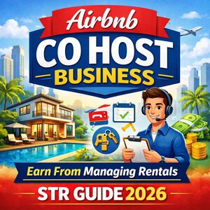 May include: An illustrated advertisement for Airbnb Co-Host Business. The image features a house with a pool, a smiling man with a headset, and text that reads "Earn From Managing Rentals" and "STR GUIDE 2026."