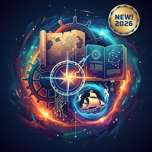 May include: An artistic illustration featuring a ship, compass, map, and open book against a swirling galaxy backdrop. The image includes a ship, a compass, a map, and an open book. A gold badge with the text "NEW! 2026" is in the upper right corner.