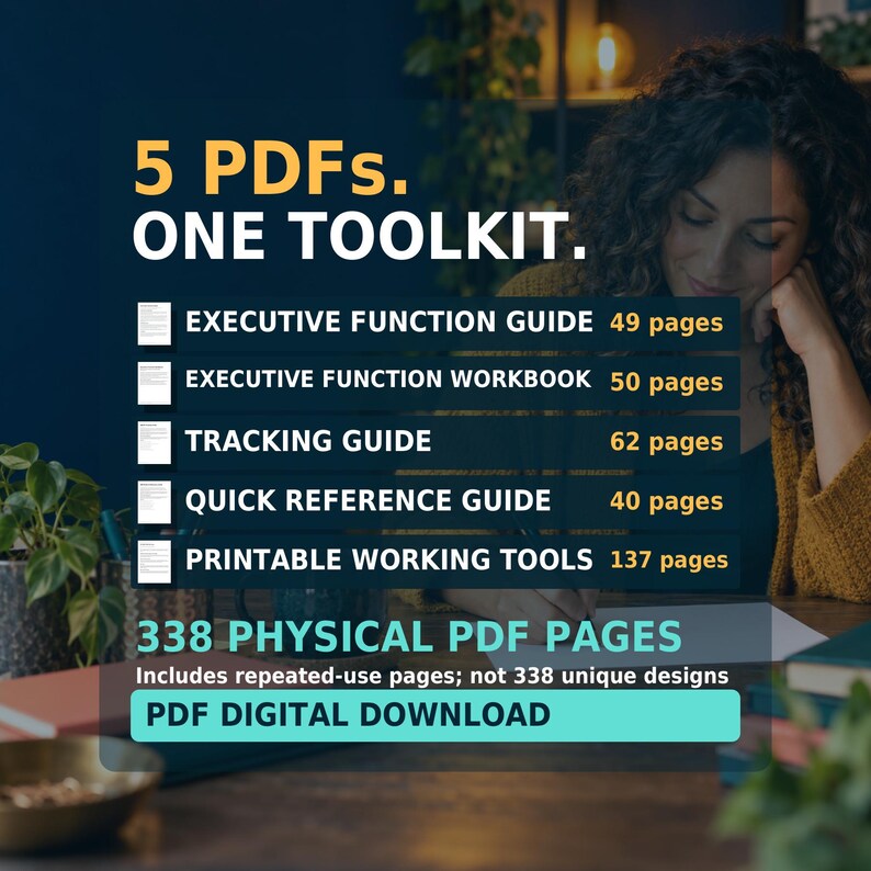 Five PDF files: Executive Function Guide, 49 pages; Workbook, 50; Tracking Guide, 62; Quick Reference Guide, 40; Printable Working Tools, 137. Small actual cover-page previews sit beside the list. There are 338 physical PDF pages, including repeated-use pages, not 338 unique designs. AI-generated lifestyle background.