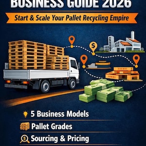 May include: A promotional image for a "Wooden Pallet Business Guide 2026." The graphic features a truck loaded with wooden pallets, illustrations of buildings, and stacks of money. Text includes "Start & Scale Your Pallet Recycling Empire."