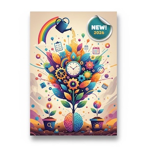 Könnte beinhalten: Bunte Illustration eines Baumes mit Zahnrädern, einer Uhr und einem Gehirn in der Mitte. Ein Regenbogen und eine Gießkanne befinden sich über dem Baum. Das Bild enthält den Text "NEW! 2026" auf einem Aufkleber.