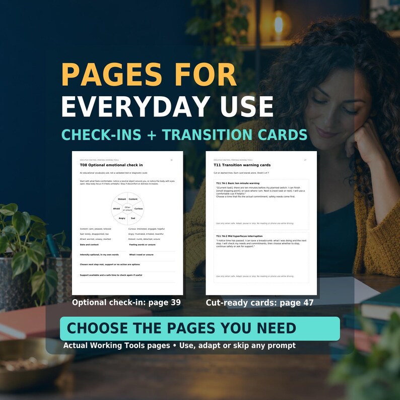 Actual Working Tools pages 39 and 47 show an optional emotional check-in and cut-ready transition cards. Headline: Pages for everyday use. Choose the pages you need and use, adapt or skip any prompt. AI-generated adult-at-desk background.