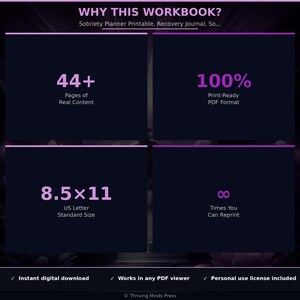 May include: A digital product advertisement with a dark purple background. The text includes "WHY THIS WORKBOOK?" and details about the product: 44+ pages of content, 100% print-ready PDF format, 8.5 x 11 inch size, and unlimited reprints. Includes "Instant digital download".