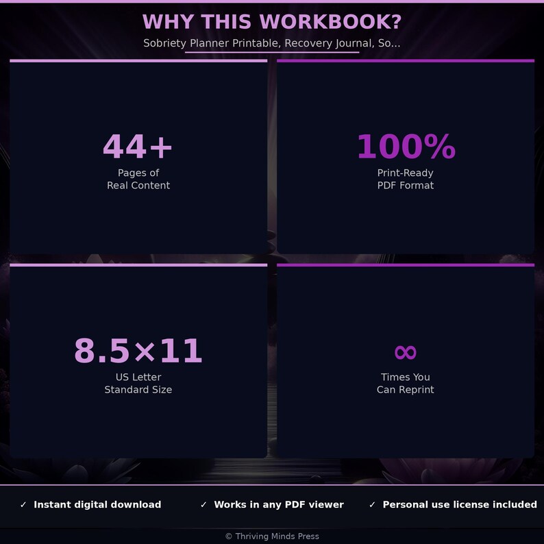 May include: A digital product advertisement with a dark purple background. The text includes "WHY THIS WORKBOOK?" and details about the product: 44+ pages of content, 100% print-ready PDF format, 8.5 x 11 inch size, and unlimited reprints. Includes "Instant digital download".