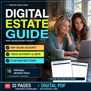 Peut inclure: Un guide de succession numérique avec le texte "DIGITAL ESTATE GUIDE" et "FAMILY ONLINE ACCOUNT CONTINUITY", incluant des points sur la gestion des comptes, l'autorité et les étapes, avec 10 outils de décision imprimables et 32 pages.