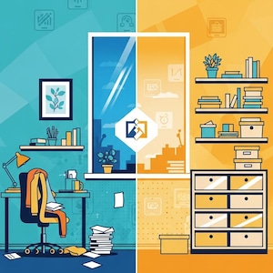 May include: A split illustration depicting a workspace before and after organization. The "before" side shows a cluttered desk with papers and a messy chair. The "after" side displays a tidy desk, shelves, and drawers, suggesting improved productivity.