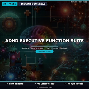 May include: Digital workbook titled "ADHD Executive Function Suite" with a brain graphic. The image includes the text "24+ Pages" and "Instant Download." Additional text includes "Printable Digital Workbook," "PDF," and "ADHD & FOCUS."