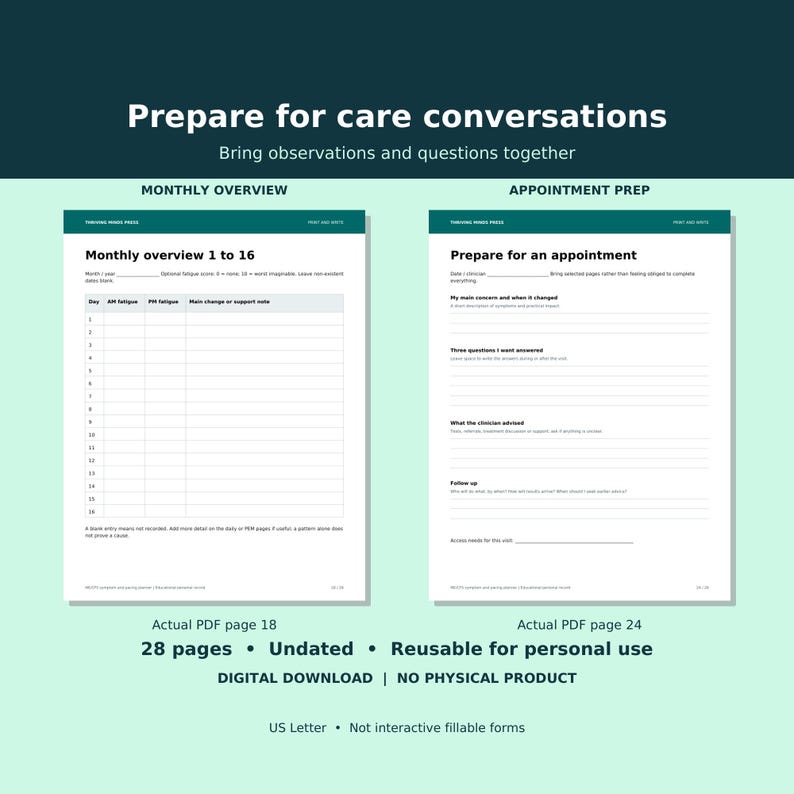 May include: A digital download featuring two printable pages for health tracking. The left page is a monthly overview for days 1 to 16, and the right page is an appointment preparation form. Both pages include headers, blank lines, and tables.