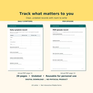 May include: A digital download featuring two undated record pages for tracking health. The left page is a Daily symptom record with columns for AM and PM scores. The right page is a PEM episode record with sections for demands, symptoms, and notes.
