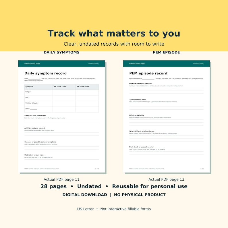 May include: A digital download featuring two undated record pages for tracking health. The left page is a Daily symptom record with columns for AM and PM scores. The right page is a PEM episode record with sections for demands, symptoms, and notes.