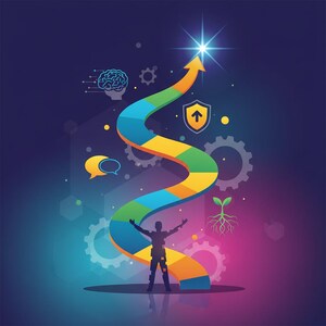 Könnte beinhalten: Eine farbenfrohe Illustration eines aufsteigenden Pfeils, der Wachstum und Erfolg symbolisiert, mit einem Stern an der Spitze. Eine Person steht darunter mit erhobenen Armen. Das Bild enthält Symbole wie Gehirn, Zahnräder, Schild, Sprechblase und Pflanze.