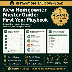 May include: A 45-page illustrated PDF titled New Homeowner Master Guide: First Year Playbook. The digital document includes a move-in checklist, seasonal maintenance guide, and a monthly calendar for home management tasks on a dark green background.
