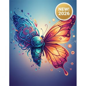 Op de afbeelding: Een digitale illustratie van een vlinder met een gesplitst ontwerp. Eén kant heeft wervelende blauwe en paarse patronen, de andere kant heeft oranje en paarse tinten. Een gouden cirkel met "NEW! 2026" staat rechtsboven.