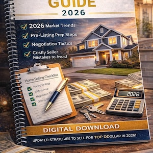 以下が含まれることがあります： 「THE COMPLETE HOME SELLING GUIDE 2026」というタイトルのガイド。チェックリストと「2026」と表示された電卓があります。画像には、お金の束、鍵、家のイラスト、そして「DIGITAL DOWNLOAD」というテキストが含まれています。