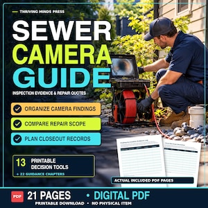 Könnte beinhalten: Ein digitaler PDF-Leitfaden mit dem Titel SEWER CAMERA GUIDE mit Text zu Inspektionsnachweisen und Reparaturangeboten. Er enthält 13 druckbare Entscheidungshilfen, 22 Anleitungskapitel und insgesamt 21 Seiten, inklusive zwei beispielhafter PDF-Seiten.