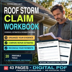 Libro de trabajo en PDF para reclamaciones por daños en el tejado causados ​​por tormentas, pruebas de seguros, presupuestos de contratistas y registros de pagos, 43 páginas.
