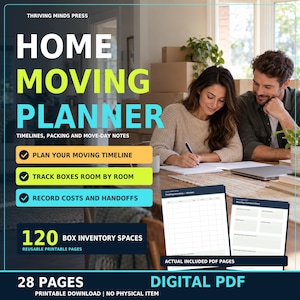 Moving Planner Printable PDF, 28-Page Home Move Binder, Packing Inventory, Budget and Moving Day Checklist