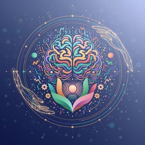May include: A colorful illustration of a human brain, depicted in shades of orange, blue, green, and purple, is cradled by two hands. The brain is surrounded by a circular design with lines, dots, and geometric shapes, all set against a dark blue background.