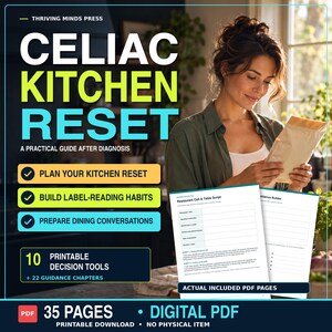May include: A digital PDF guide titled Celiac Kitchen Reset: A Practical Guide After Diagnosis. The document includes 10 printable decision tools, 22 guidance chapters, and 35 pages total. It features a restaurant call and table script template.