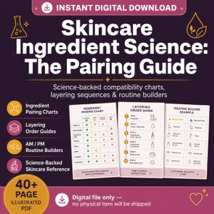 May include: A digital download guide titled Skincare Ingredient Science: The Pairing Guide, featuring three charts detailing ingredient compatibility, layering order, and routine builders with icons for cleansers, serums, and moisturizers.