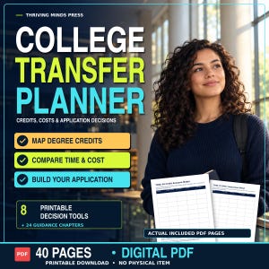 May include: A digital College Transfer Planner PDF with 40 pages, featuring text that reads: THRIVING MINDS PRESS, COLLEGE TRANSFER PLANNER, CREDITS, COSTS & APPLICATION DECISIONS, MAP DEGREE CREDITS, COMPARE TIME & COST, BUILD YOUR APPLICATION, 8 PRINTABLE DECISION TOOLS + 24 GUIDANCE CHAPTERS, ACTUAL INCLUDED PDF PAGES, PDF 40 PAGES DIGITAL PDF PRINTABLE DOWNLOAD NO PHYSICAL ITEM.
