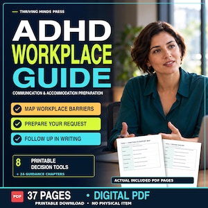 Guide d'aménagement du lieu de travail pour adultes atteints de TDAH, exemples de communication et cahier d'exercices pour les demandes, PDF imprimable de 37 pages, 8 outils