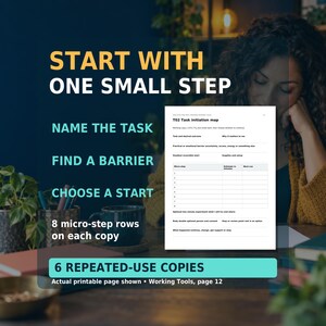 Actual Working Tools page 12 shows a task-initiation map with space for the task, barriers, supplies, eight micro-steps and a stop or review point. There are 6 repeated-use copies of this one layout. Headline: Start with one small step. AI-generated adult-at-desk background.