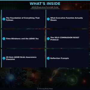 May include: Dark blue graphic with the text "WHAT'S INSIDE" and "ADHD Executive Function Suite." The image lists topics including "The Foundation of Everything That Follows," "Time Blindness and the ADHD Tax," and "20-Item ADHD Brain Awareness Checklist."