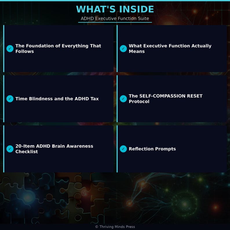May include: Dark blue graphic with the text "WHAT'S INSIDE" and "ADHD Executive Function Suite." The image lists topics including "The Foundation of Everything That Follows," "Time Blindness and the ADHD Tax," and "20-Item ADHD Brain Awareness Checklist."